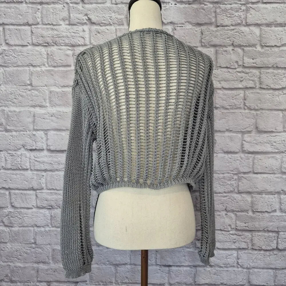 Miss Sparkling Sweater Grey Open Knit Crochet Crop Long Sleeve Women's Size S